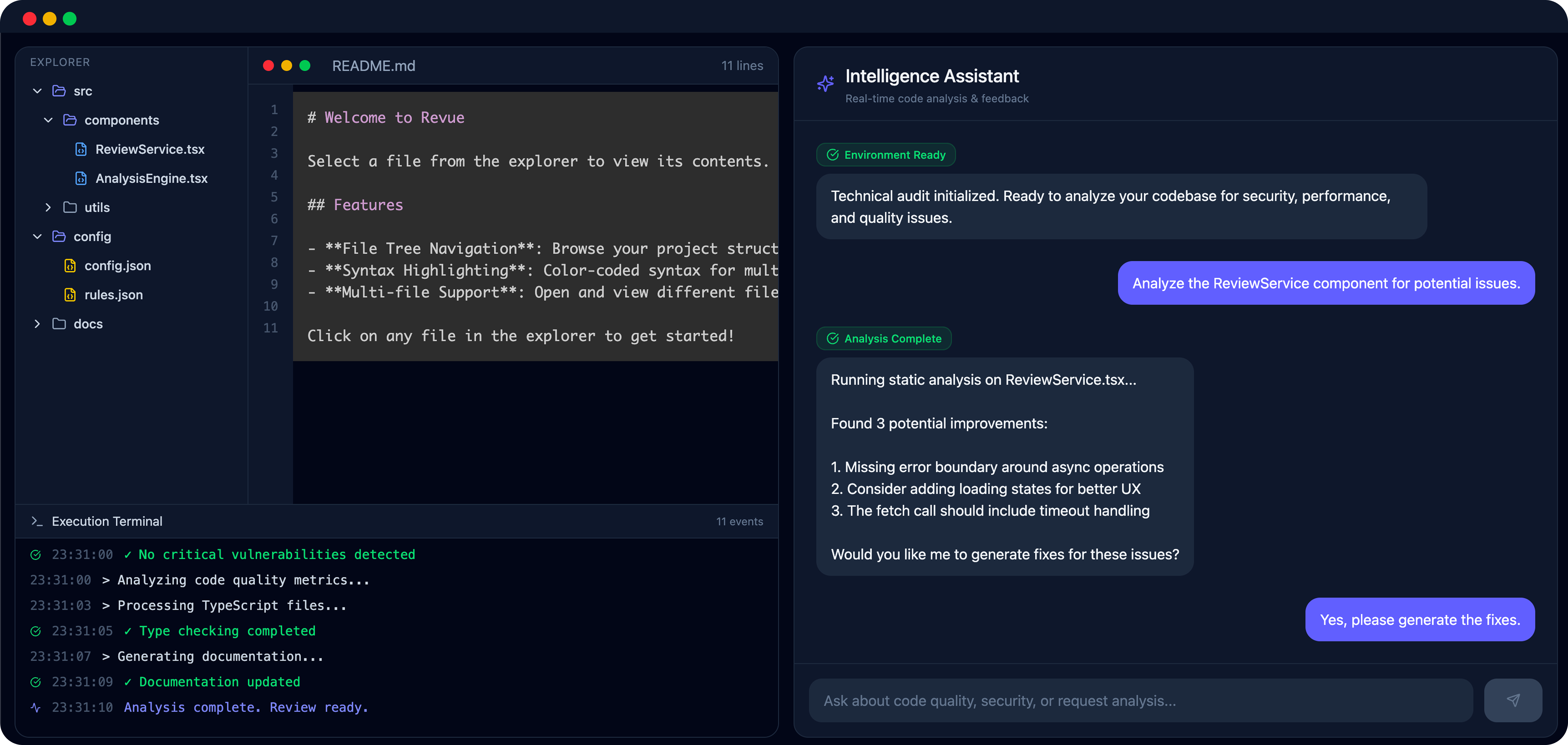 Revue Dashboard Preview - Integrated Development Environment with File Explorer, Code Editor, Intelligence Assistant, and Execution Terminal